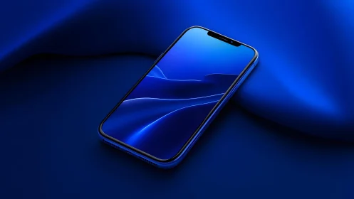 Modern smartphone with blue abstract wallpaper on soft fabric background.