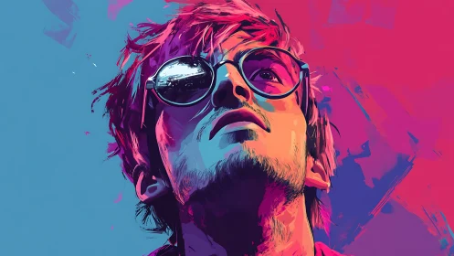 Digital portrait shows upward-facing figure in dual-color field