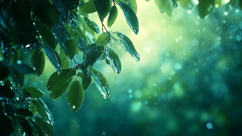 Rain-kissed emerald leaves in glowing forest hush.