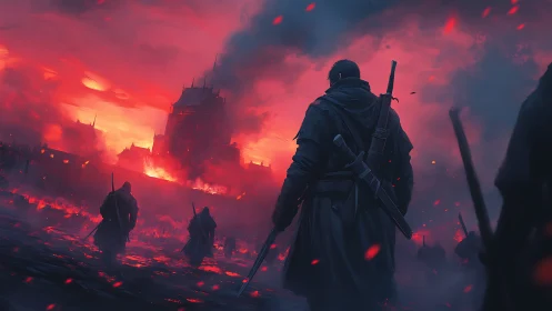 Armed figures approach burning fortress under red sky.
