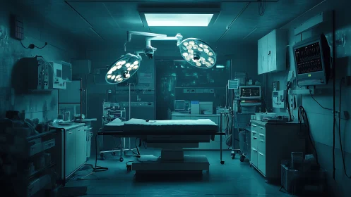 Sterile surgical theatre under teal-spectrum procedural lighting.