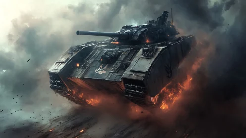 Steel predator erupts through firelit smoke on the battlefield
