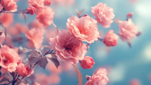Pink Roses in Soft Focus Against Blue Sky. Ethereal Floral Composition.
