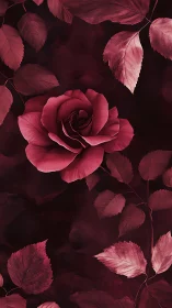 Deep Burgundy Rose with Translucent Foliage on Dark Background.