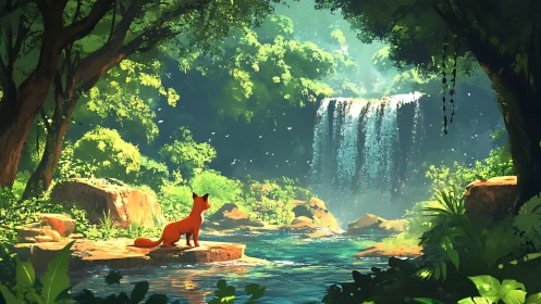 Scarlet fox observing luminous jungle waterfall panorama.