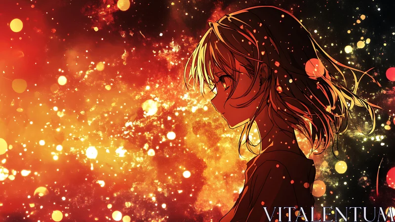 Fiery anime silhouette gazes into a cosmic blaze of light.