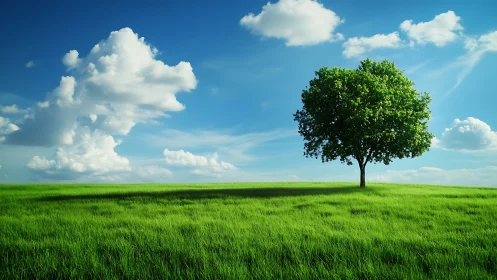Lone Green Tree in Sunlit Field, Photorealistic Landscape Style.