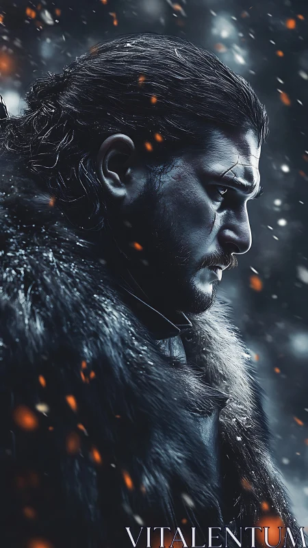 Brooding warrior in fur cloak amid snow and embers.