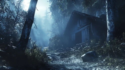Volumetric moonlight dissecting a forest cabin approach path.