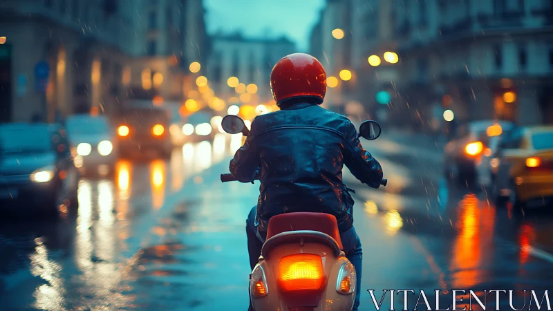 Motor scooter rider in wet city traffic at night.