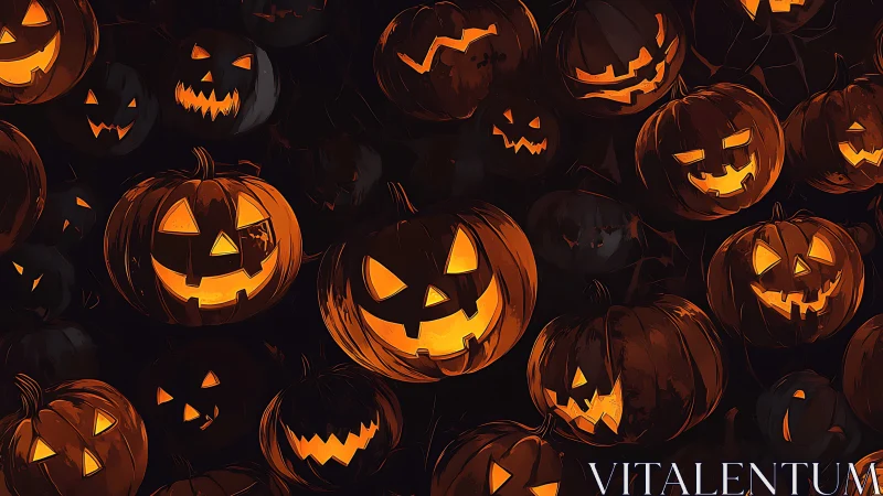 Glowing carved jack-o&rsquo;-lantern cluster with ominous grins.