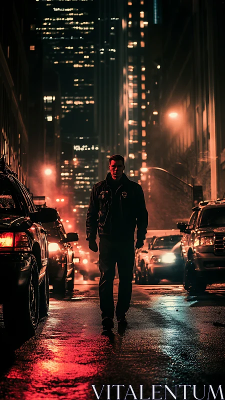 Lone night patrol strides through neon soaked city canyon.