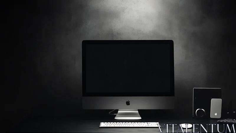 Minimalist desktop workstation rendered in dramatic low-key lighting