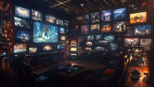 Immersive gaming command room glows with cinematic screens
