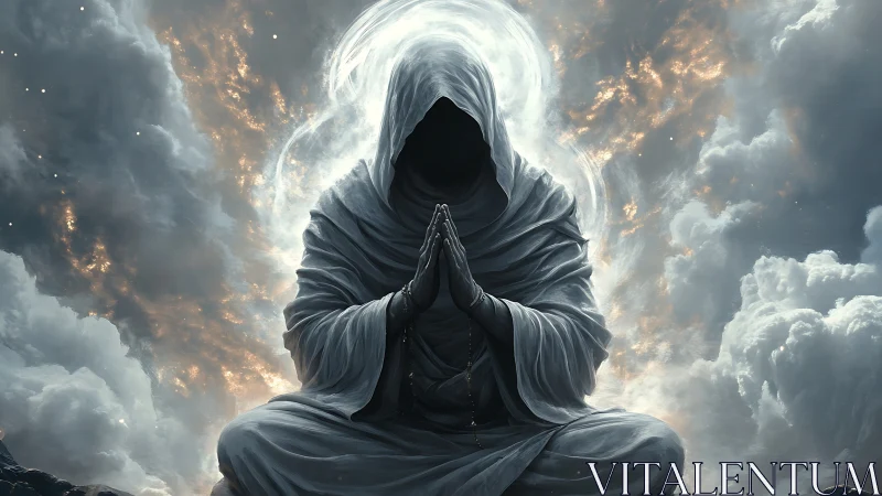 Hooded celestial monk in luminous storm-cloud mandorla composition.