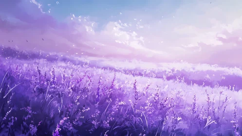 Lavender field under soft pastel sky at sunrise.