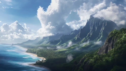 Dramatic tropical valley with knife-edged peaks and waterfall-carved cliffs.