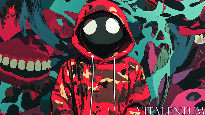 Camouflage hooded void drifter amid neon surreal graffiti storm.