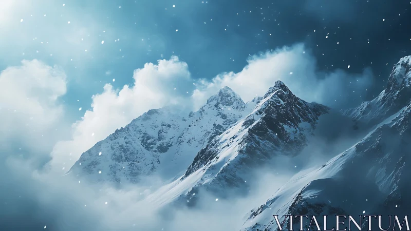 Snow-laden alpine peaks emerge through atmospheric winter haze