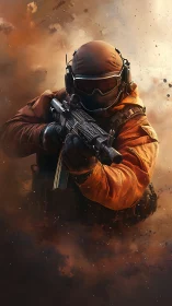 Tactical soldier advances through explosive desert chaos.