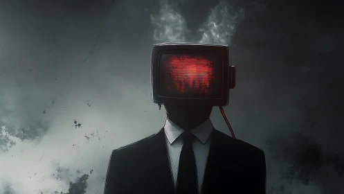 Smoke-emitting CRT-headed figure in suit with red glitch display.
