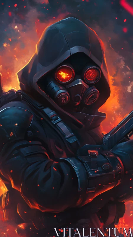 Hooded gas mask soldier stands armed in burning embers.