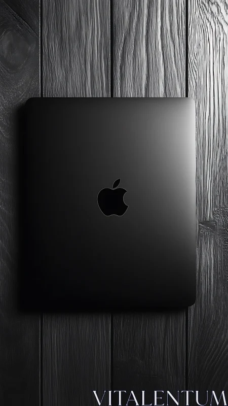 Closed black laptop on dark wooden plank surface.