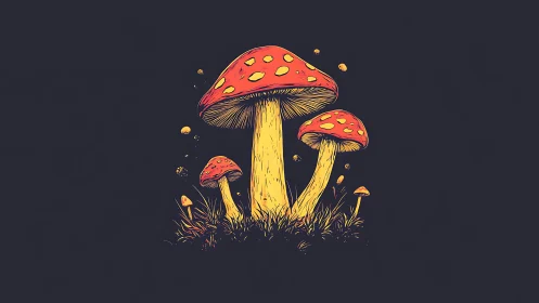 Stylized mushrooms stand in clustered formation against dark