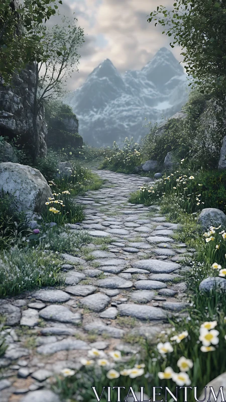 Stone path traverses vegetated valley toward distant peaks