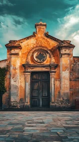 Weathered baroque chapel facade under dramatic cyan sky