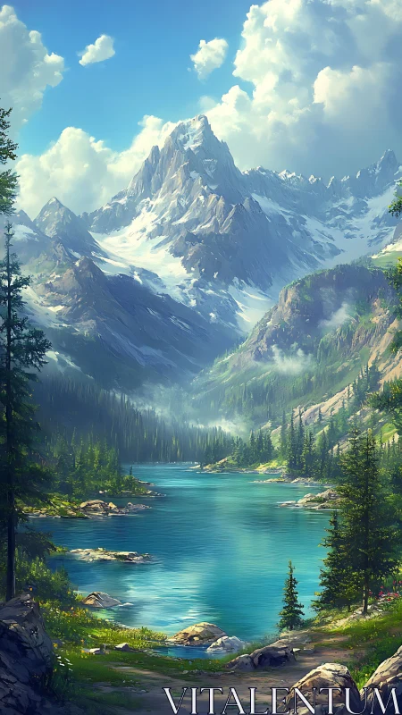 Snow-capped alpine range towers above turquoise glacial lake