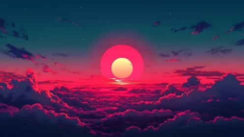 Digital skyline depicts stylised sun over saturated cloud field