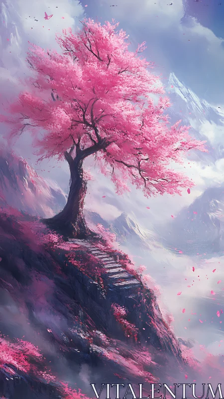 Solitary cherry blossom crowns a misted highland escarpment