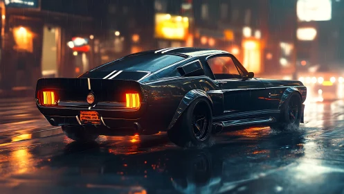 Classic muscle car stands in wet neon city street at night