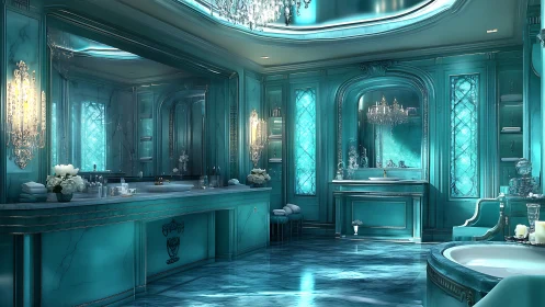 Opulent turquoise marble bathroom with crystal chandeliers.