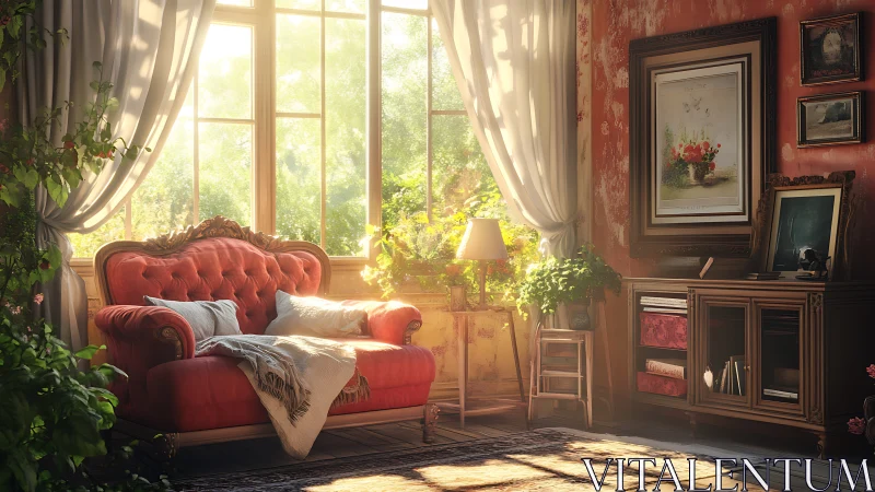 Sunlit vintage parlor with red velvet sofa and greenery.