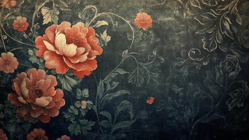 Botanical Composition with Peonies Against Dark Ornamental Background