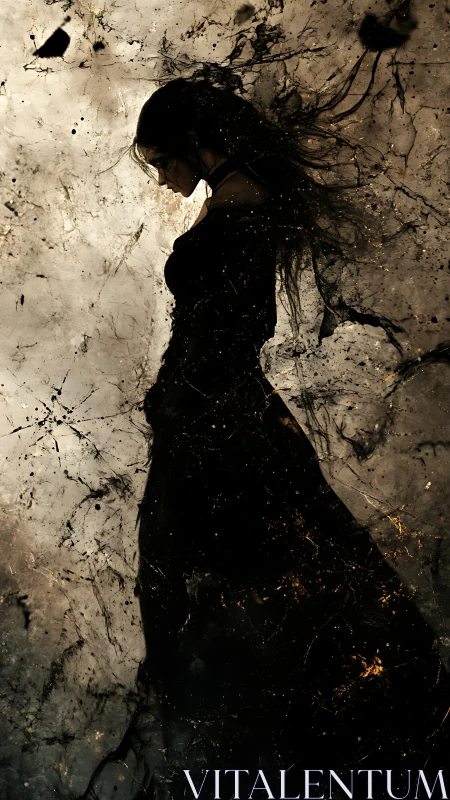 Silhouetted female profile dissolves into splintered abstract dust