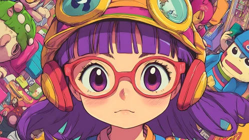 Retro anime girl with goggles and arcade toys portrait.