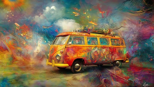 Retro van in dense multicolored abstract landscape scene.