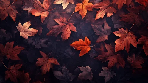 Warm autumn maple leaves resting on a deep twilight forest floor.