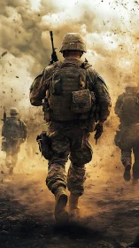 Backlit infantry squad advances through dense battlefield dust