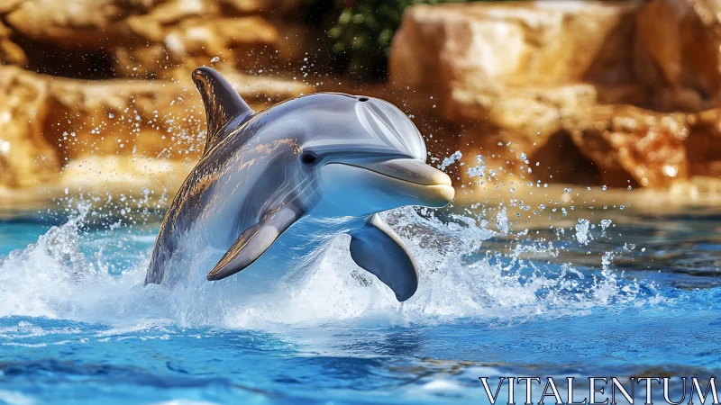 Bottlenose dolphin bursts through bright pool surface