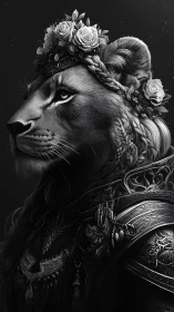 Regal lioness portrait wears braided crown and armor