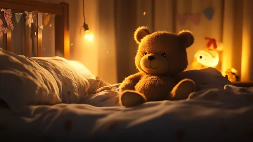 Photorealistic plush teddy bear in warm nursery night lighting.