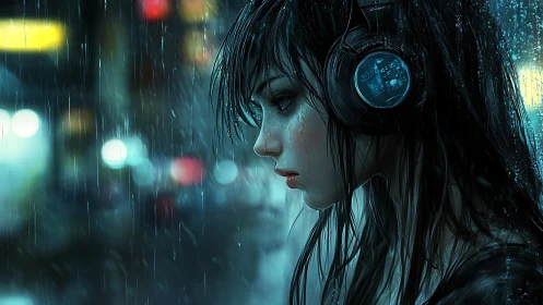 Moody cyberpunk girl with headphones in neon rainstorm.
