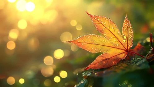 Golden sunrise illuminates dewy autumn maple leaf softly