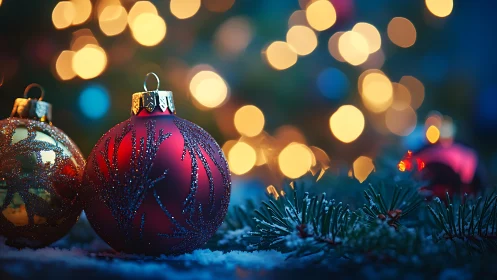 Red Christmas baubles glow beside pine branches in snow