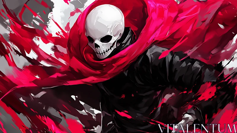 Skeletal figure in dynamic red fabric rendered with sharp digital strokes