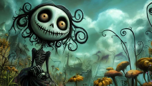 Spiral eyed skeleton daydreams in a crooked blossom graveyard